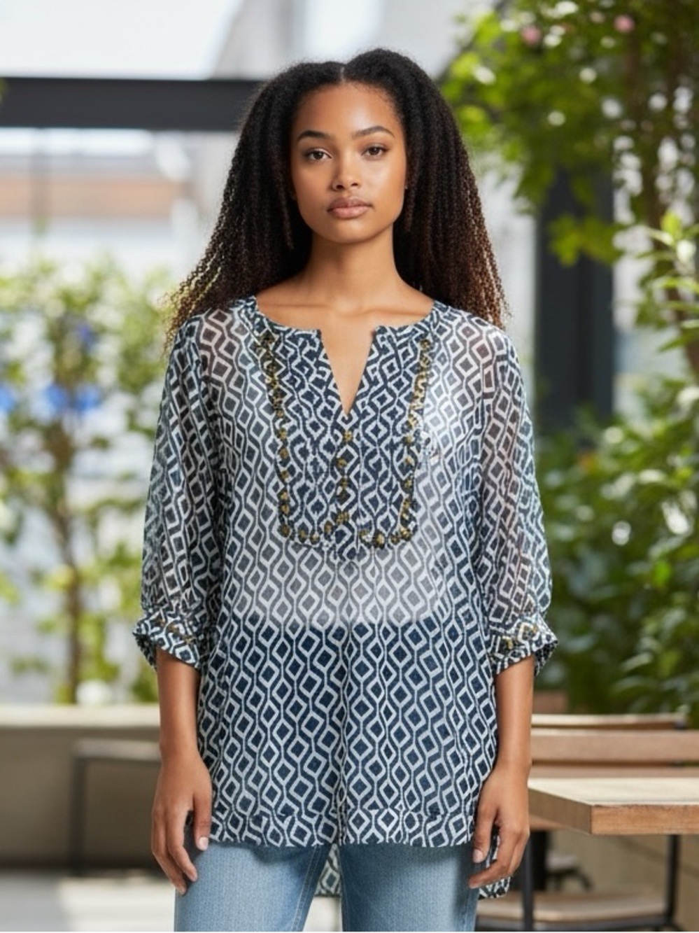 41 Hawthorn Navy and mint Geometric Blouse Size XL